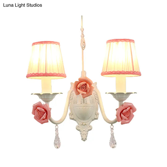 Korean Flower Fabric Sconce Light With Crystal Drop - White Pleated Shade For Living Room Wall