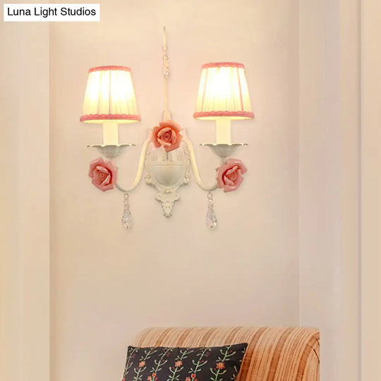 Korean Flower Fabric Sconce Light With Crystal Drop - White Pleated Shade For Living Room Wall