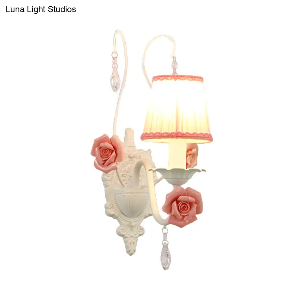 Korean Flower Fabric Sconce Light With Crystal Drop - White Pleated Shade For Living Room Wall