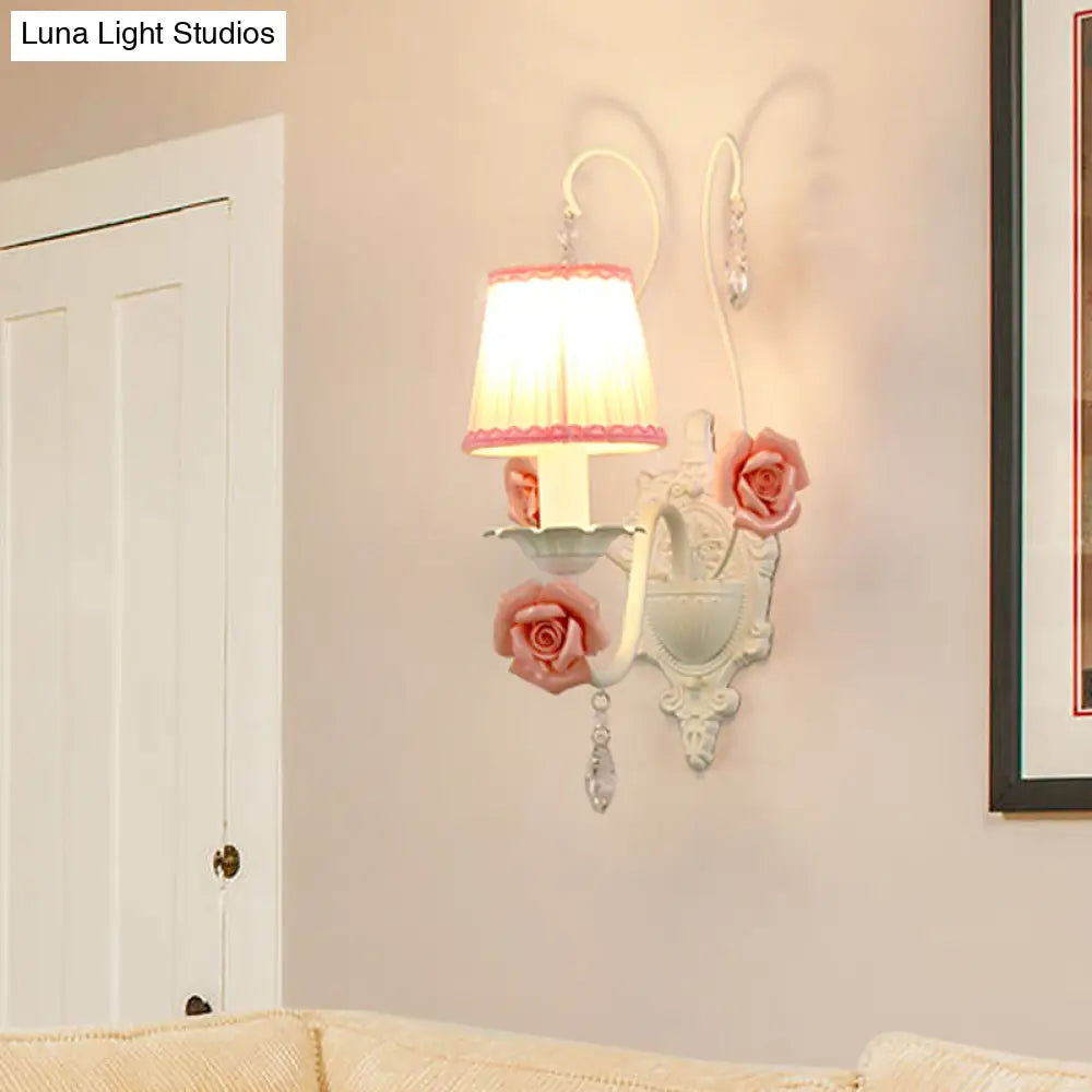 Korean Flower Fabric Sconce Light With Crystal Drop - White Pleated Shade For Living Room Wall