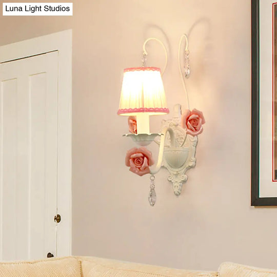 Korean Flower Fabric Sconce Light With Crystal Drop - White Pleated Shade For Living Room Wall