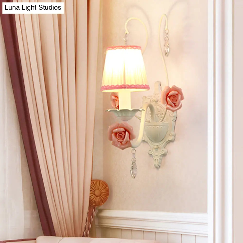 Korean Flower Fabric Sconce Light With Crystal Drop - White Pleated Shade For Living Room Wall