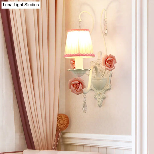 Korean Flower Fabric Sconce Light With Crystal Drop - White Pleated Shade For Living Room Wall