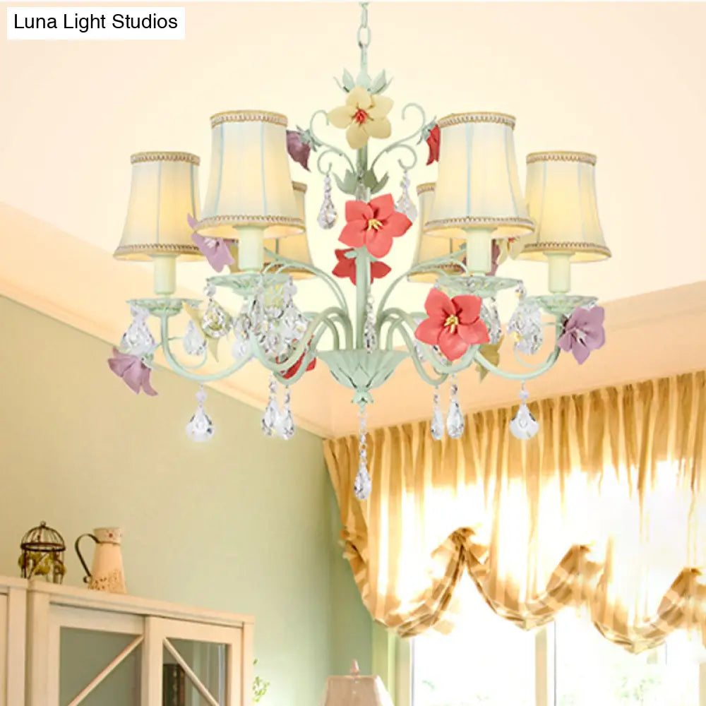 Korean Flower Flared Drop Lamp - 6 Bulb Fabric Chandelier In Light Green With Crystal Accents