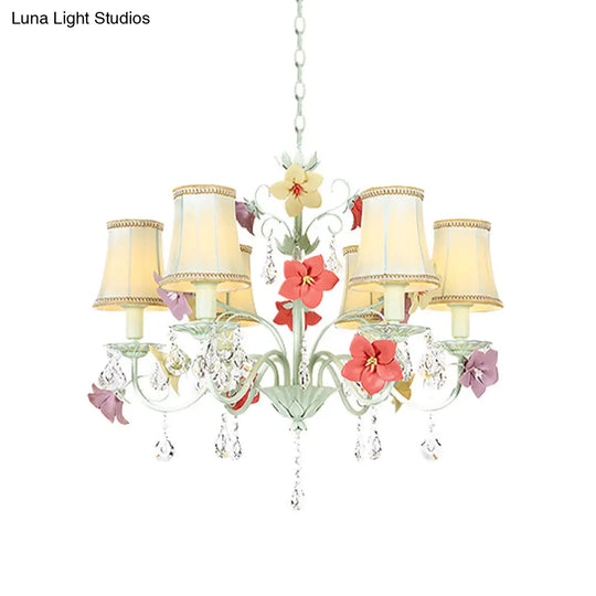 Korean Flower Flared Drop Lamp - 6 Bulb Fabric Chandelier In Light Green With Crystal Accents