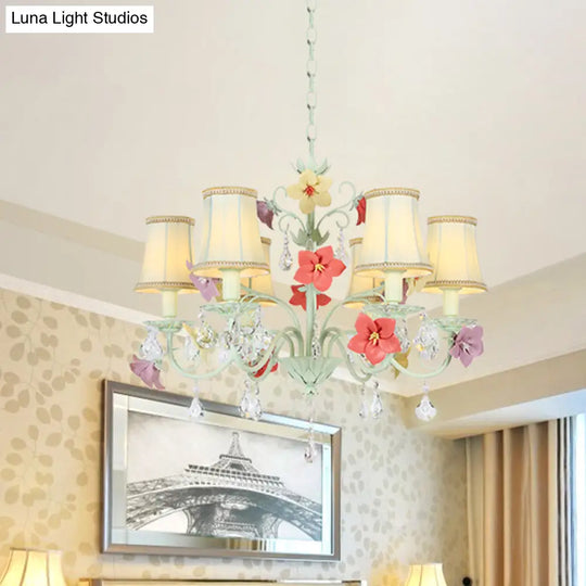 Korean Flower Flared Drop Lamp - 6 Bulb Fabric Chandelier In Light Green With Crystal Accents