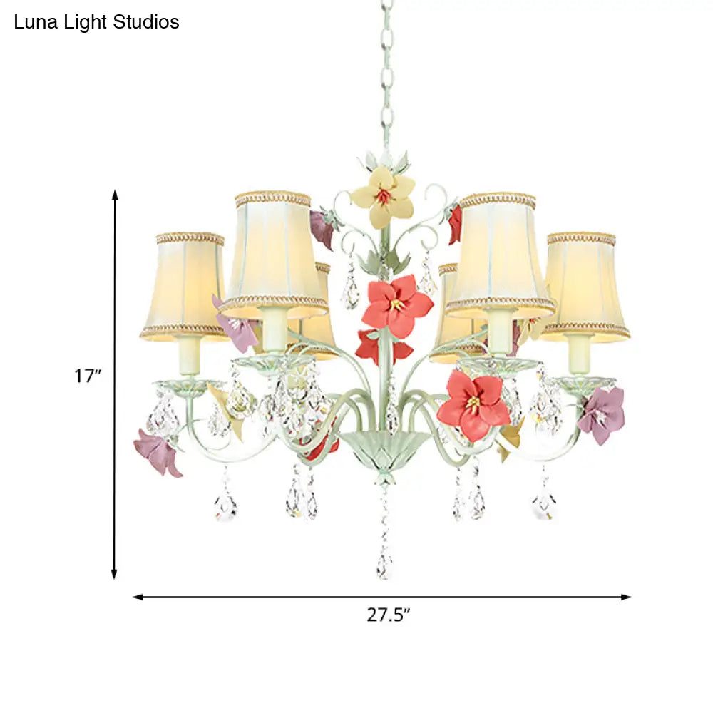 Korean Flower Flared Drop Lamp - 6 Bulb Fabric Chandelier In Light Green With Crystal Accents