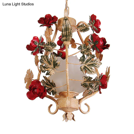 Korean Flower Frosted White Glass Lantern Bedroom Pendant Light - 1-Light Beige Down Lighting