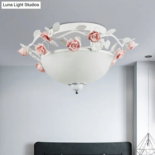 Korean Flower Glass Flush Light For Living Room - 1 Bulb Mount Fixture White