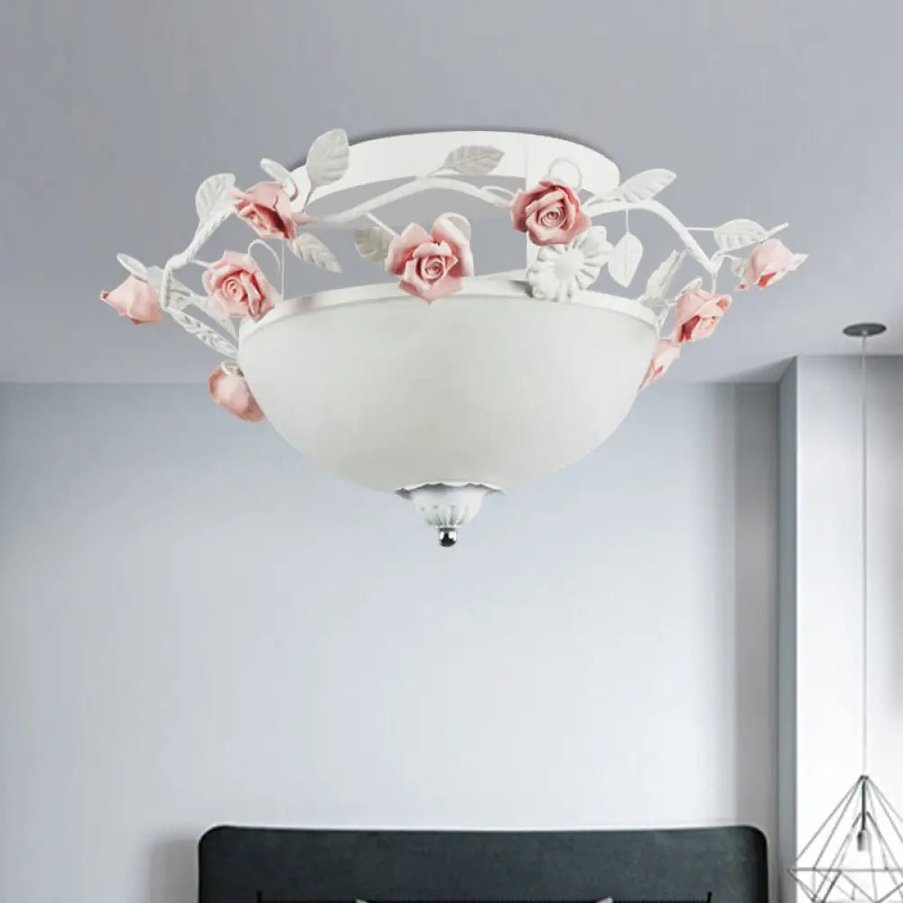 Korean Flower Glass Flush Light For Living Room - 1 Bulb Mount Fixture White