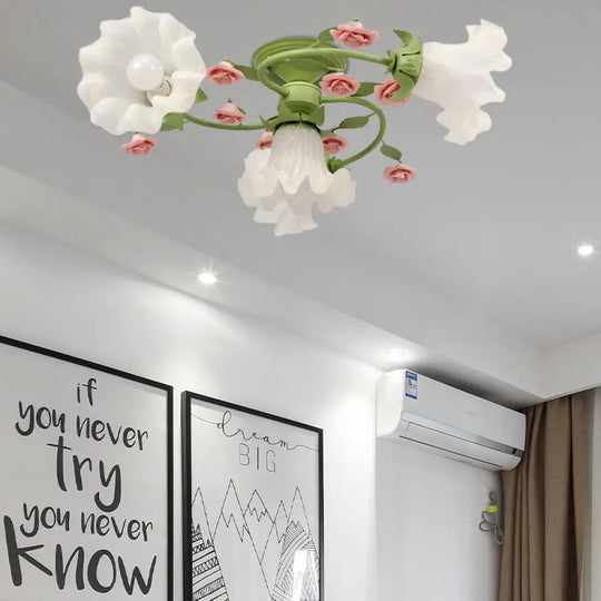 Korean Flower Metal Ceiling Light - Spiral Bedroom Semi Flush With 4 Bulbs For Green Close - To -