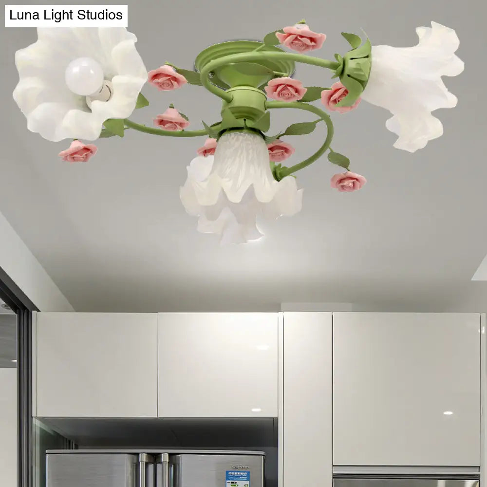 Korean Flower Metal Ceiling Light - Spiral Bedroom Semi Flush With 4 Bulbs For Green Close - To -