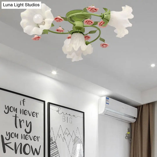 Korean Flower Metal Ceiling Light - Spiral Bedroom Semi Flush With 4 Bulbs For Green