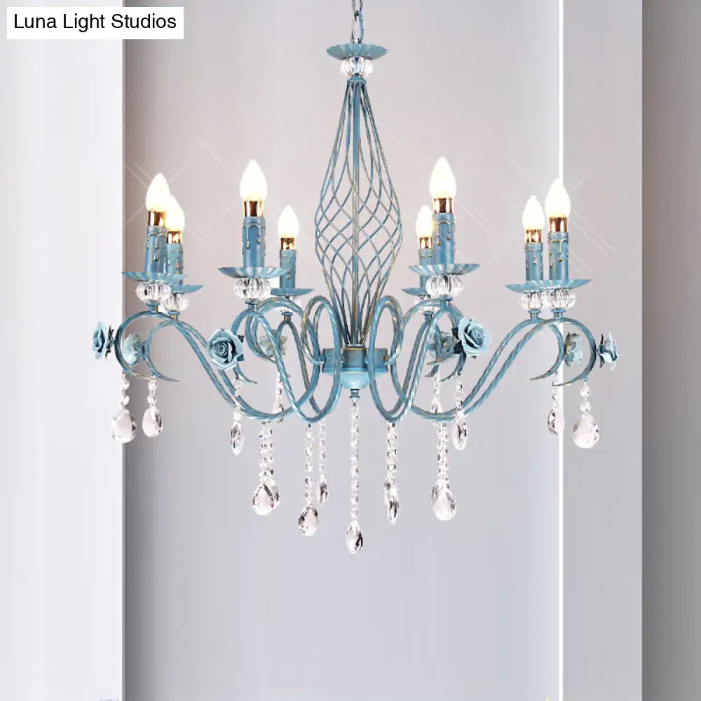 Korean Flower Metal Chandelier With Blue Candlestick Design - Elegant Dining Room Ceiling Lamp