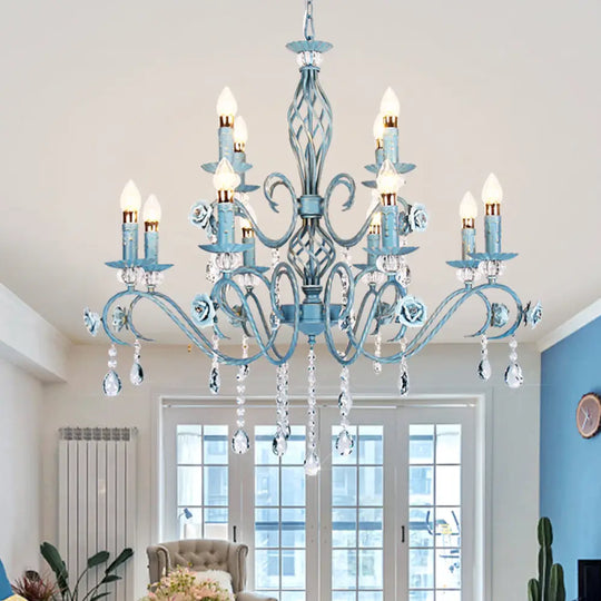 Korean Flower Metal Chandelier With Blue Candlestick Design - Elegant Dining Room Ceiling Lamp