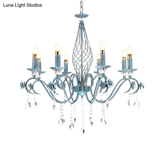 Korean Flower Metal Chandelier With Blue Candlestick Design - Elegant Dining Room Ceiling Lamp