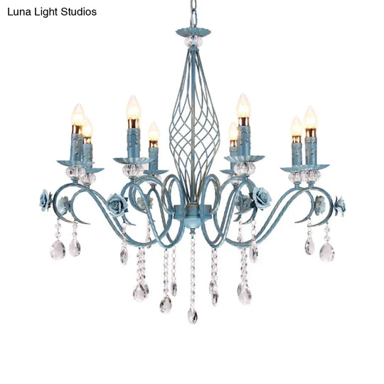 Korean Flower Metal Chandelier With Blue Candlestick Design - Elegant Dining Room Ceiling Lamp