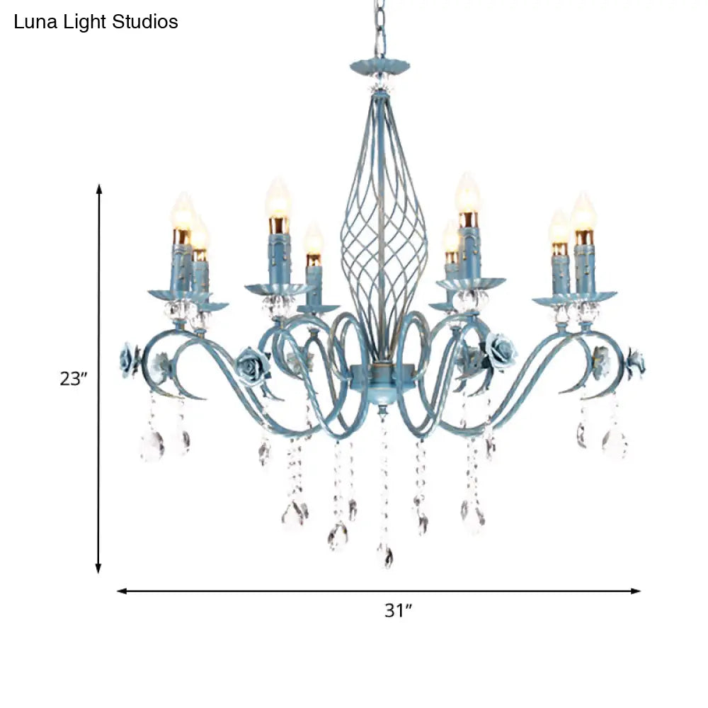 Korean Flower Metal Chandelier With Blue Candlestick Design - Elegant Dining Room Ceiling Lamp