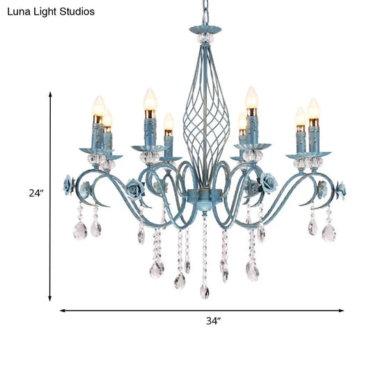 Korean Flower Metal Chandelier With Blue Candlestick Design - Elegant Dining Room Ceiling Lamp