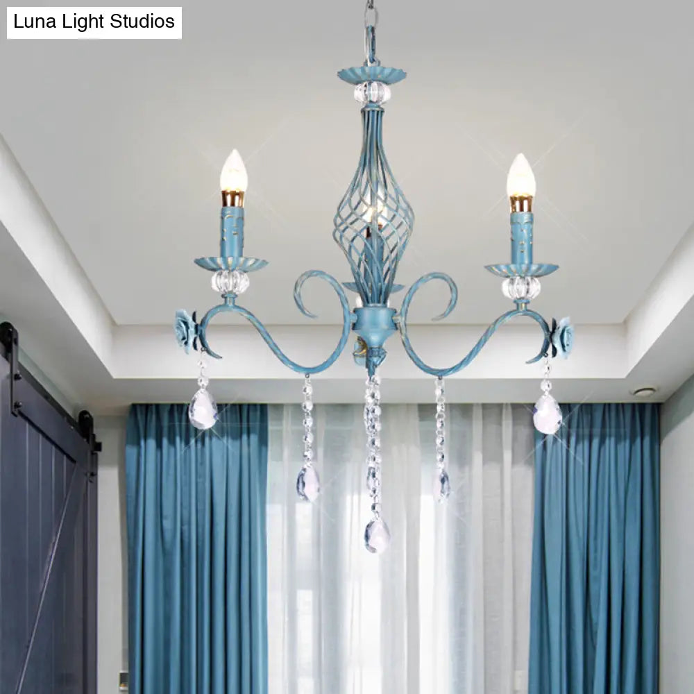 Korean Flower Metal Chandelier With Blue Candlestick Design - Elegant Dining Room Ceiling Lamp