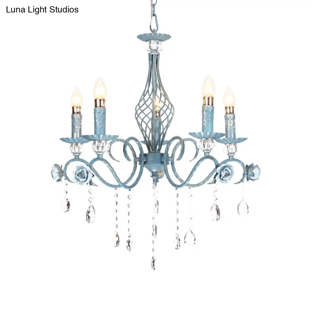 Korean Flower Metal Chandelier With Blue Candlestick Design - Elegant Dining Room Ceiling Lamp