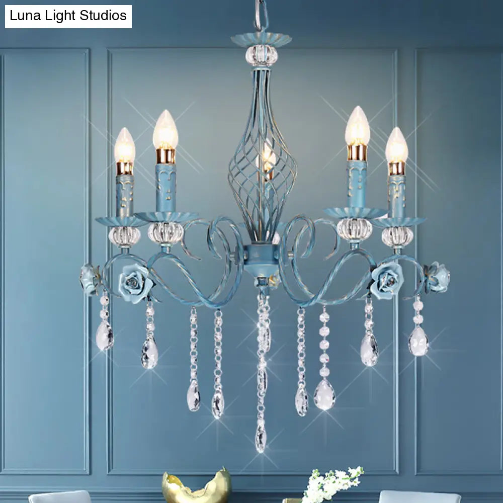 Korean Flower Metal Chandelier With Blue Candlestick Design - Elegant Dining Room Ceiling Lamp