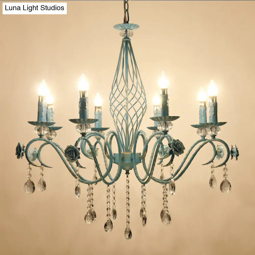 Korean Flower Metal Chandelier With Blue Candlestick Design - Elegant Dining Room Ceiling Lamp