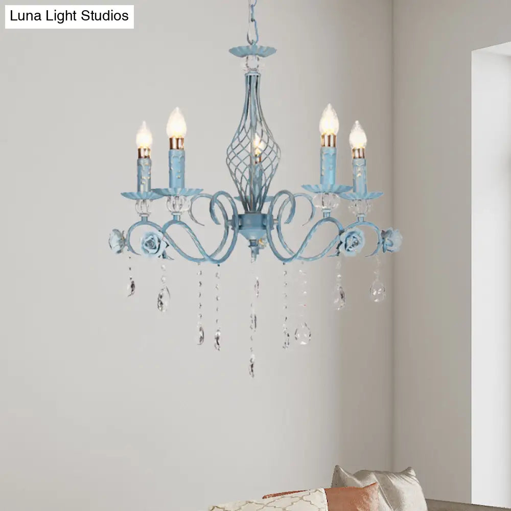 Korean Flower Metal Chandelier With Blue Candlestick Design - Elegant Dining Room Ceiling Lamp