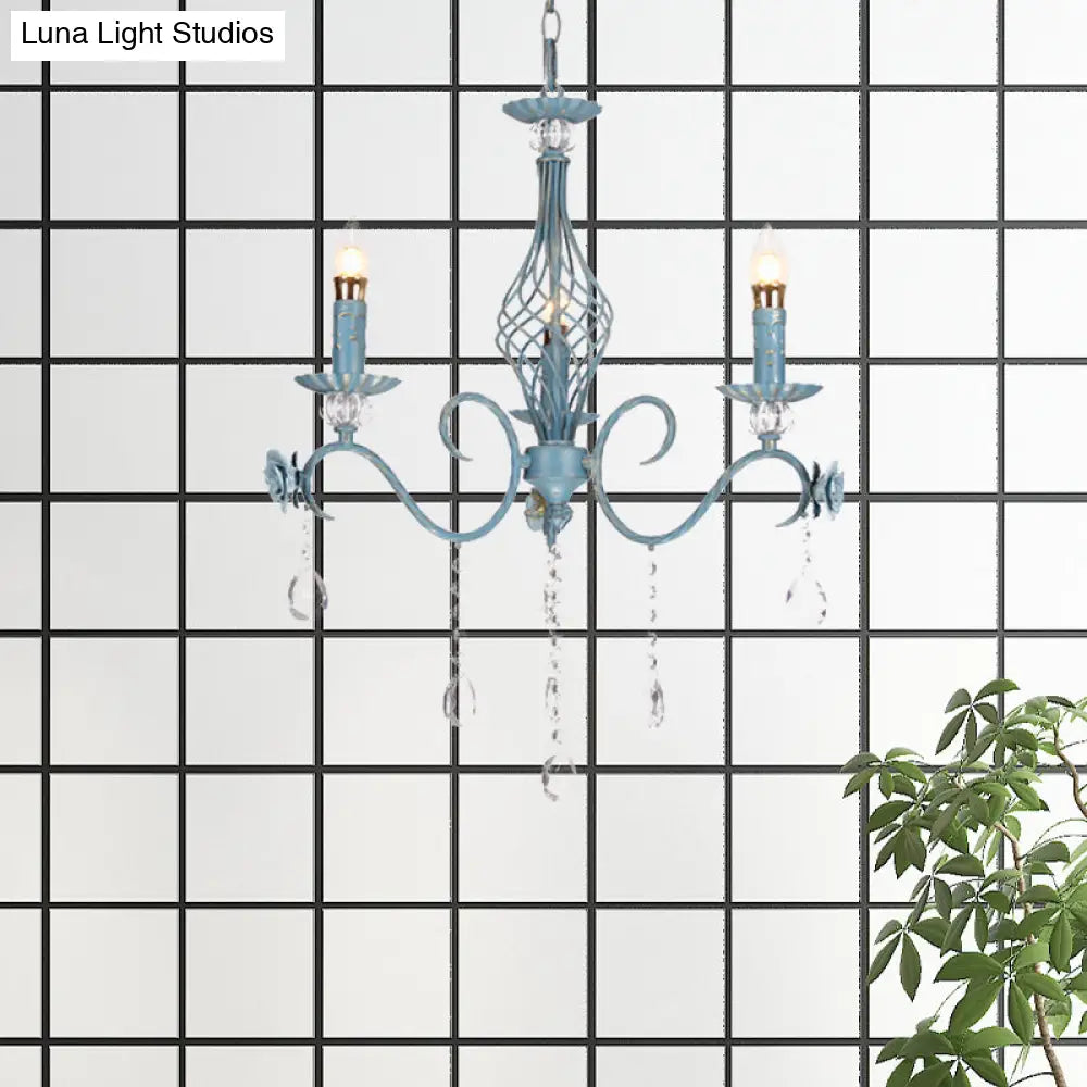 Korean Flower Metal Chandelier With Blue Candlestick Design - Elegant Dining Room Ceiling Lamp