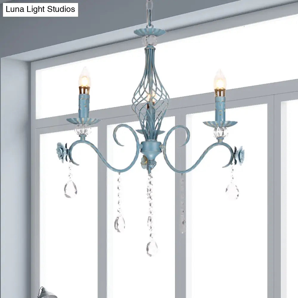 Korean Flower Metal Chandelier With Blue Candlestick Design - Elegant Dining Room Ceiling Lamp