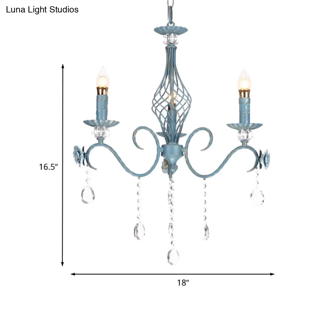 Korean Flower Metal Chandelier With Blue Candlestick Design - Elegant Dining Room Ceiling Lamp