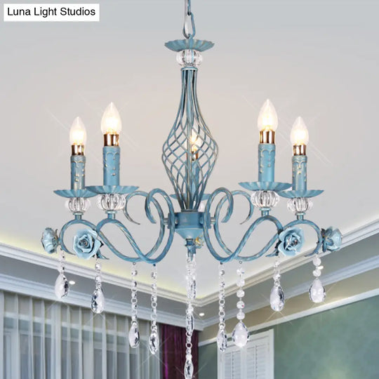 Korean Flower Metal Chandelier With Blue Candlestick Design - Elegant Dining Room Ceiling Lamp