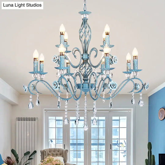 Korean Flower Metal Chandelier With Blue Candlestick Design - Elegant Dining Room Ceiling Lamp