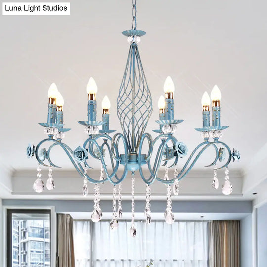 Korean Flower Metal Chandelier With Blue Candlestick Design - Elegant Dining Room Ceiling Lamp