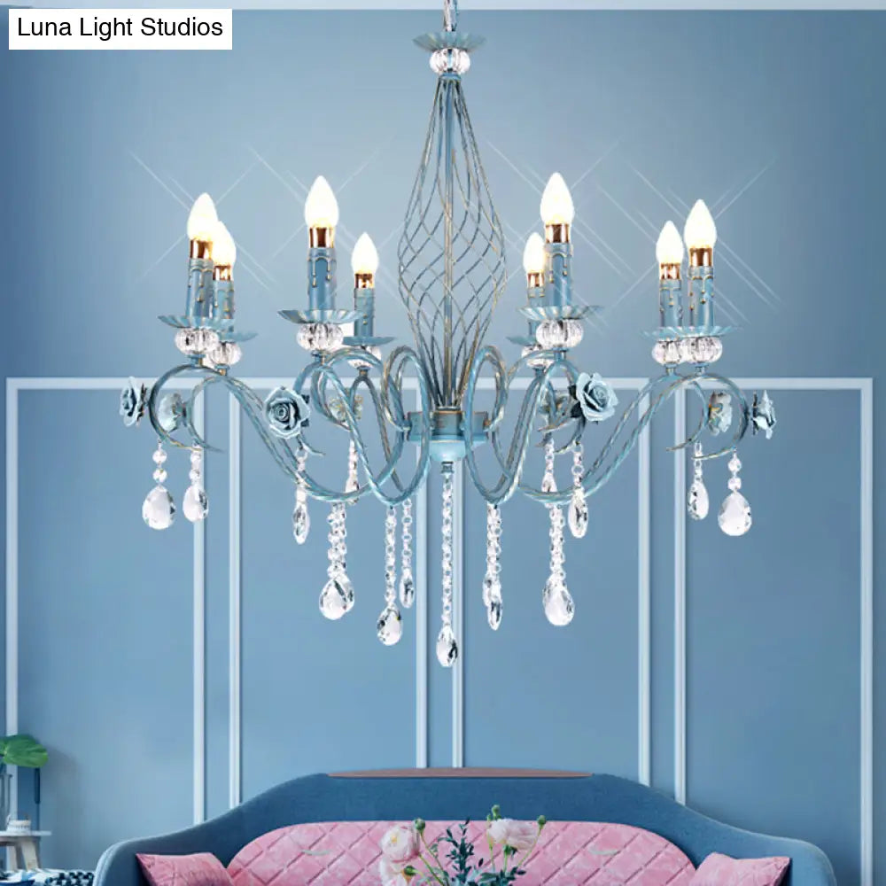 Korean Flower Metal Chandelier With Blue Candlestick Design - Elegant Dining Room Ceiling Lamp