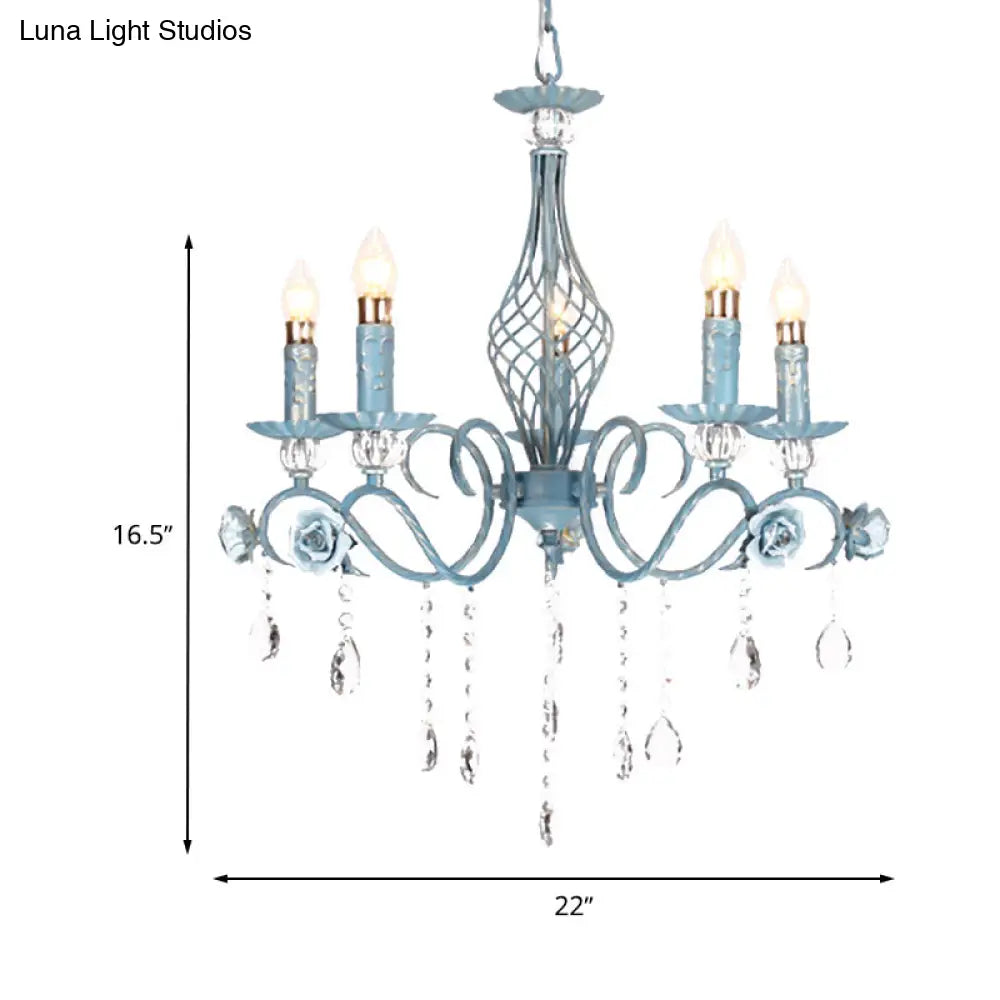 Korean Flower Metal Chandelier With Blue Candlestick Design - Elegant Dining Room Ceiling Lamp