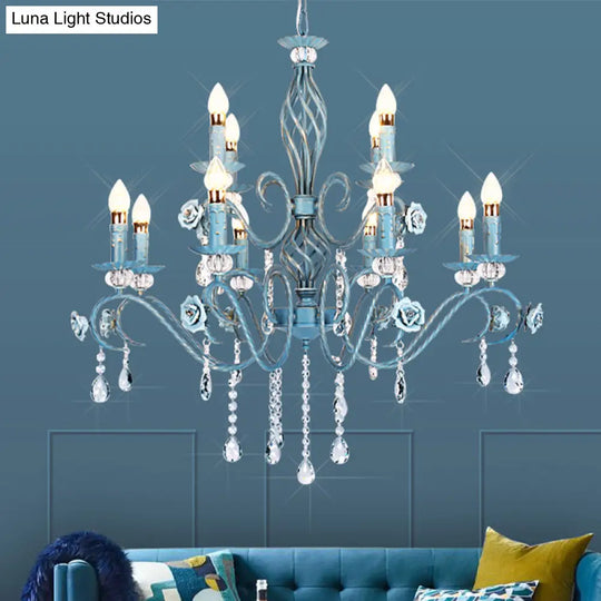 Korean Flower Metal Chandelier With Blue Candlestick Design - Elegant Dining Room Ceiling Lamp