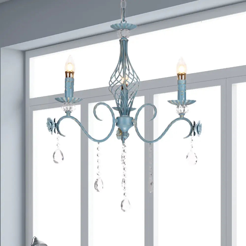 Korean Flower Metal Chandelier With Blue Candlestick Design - Elegant Dining Room Ceiling Lamp