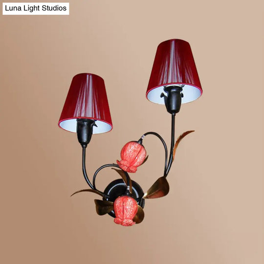 Korean Flower Pleated Fabric 4-Head Wall Sconce - Red Cone Design With Flowerbud Shade