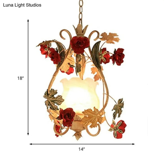 Korean Flower Suspended Pendant Light With Scrolled Arm And White Glass Shade