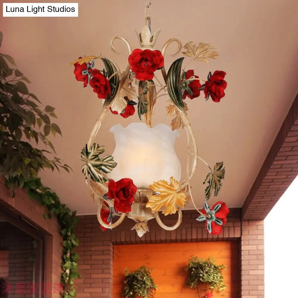 Korean Flower Suspended Pendant Light With Scrolled Arm And White Glass Shade