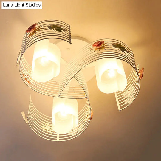 Korean Flower Swirled Iron Semi-Flush 3-Light Ceiling Lamp With Matte Glass Shade