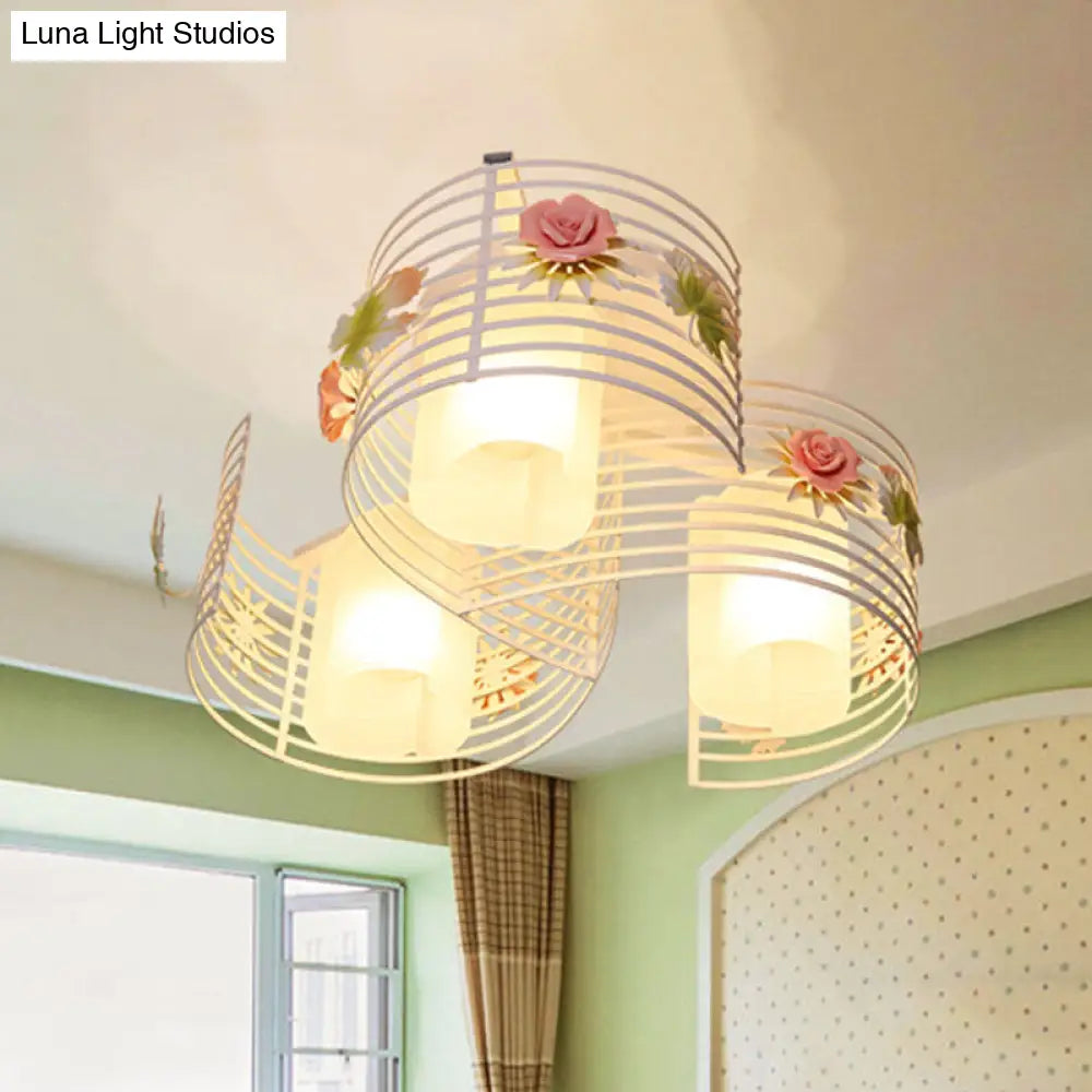 Korean Flower Swirled Iron Semi-Flush 3-Light Ceiling Lamp With Matte Glass Shade White