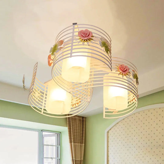 Korean Flower Swirled Iron Semi - Flush 3 - Light Ceiling Lamp With Matte Glass Shade White