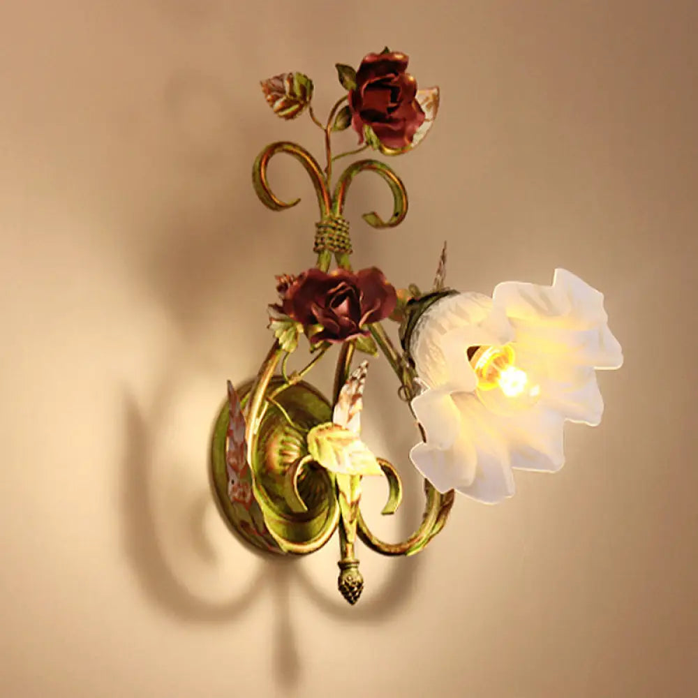 Korean Flower Wall Sconce Light: Cream Glass Green Lamp With Heart Shaped Arm Scalloped Design