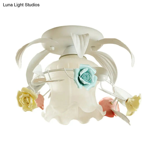 Korean Flower White/Green Frosted Glass Semi-Mount Ceiling Lamp With Single Flounce Trim