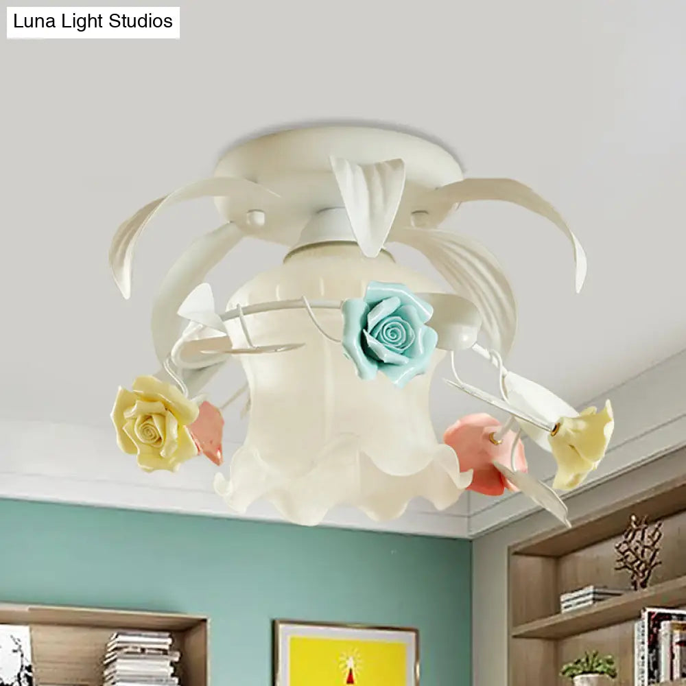 Korean Flower White/Green Frosted Glass Semi-Mount Ceiling Lamp With Single Flounce Trim White