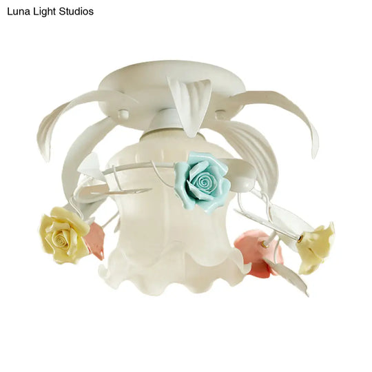 Korean Flower White/Green Frosted Glass Semi - Mount Ceiling Lamp With Single Flounce Trim