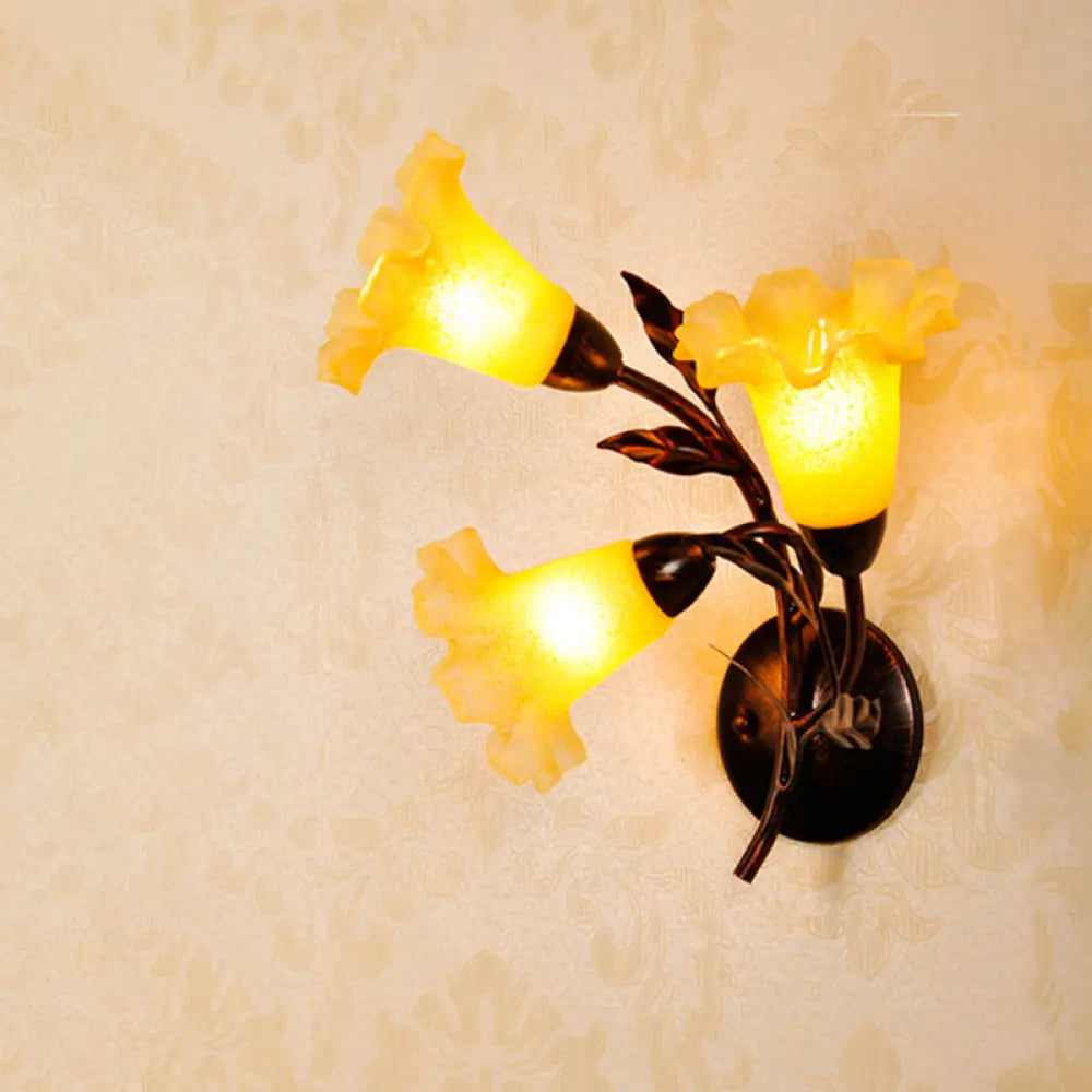 Korean Garden Amber Glass Wall Light With Ruffle Flower Design 3 / Red Brown