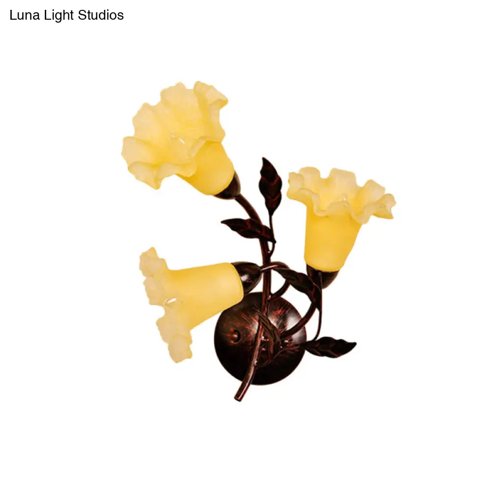 Korean Garden Amber Glass Wall Light With Ruffle Flower Design